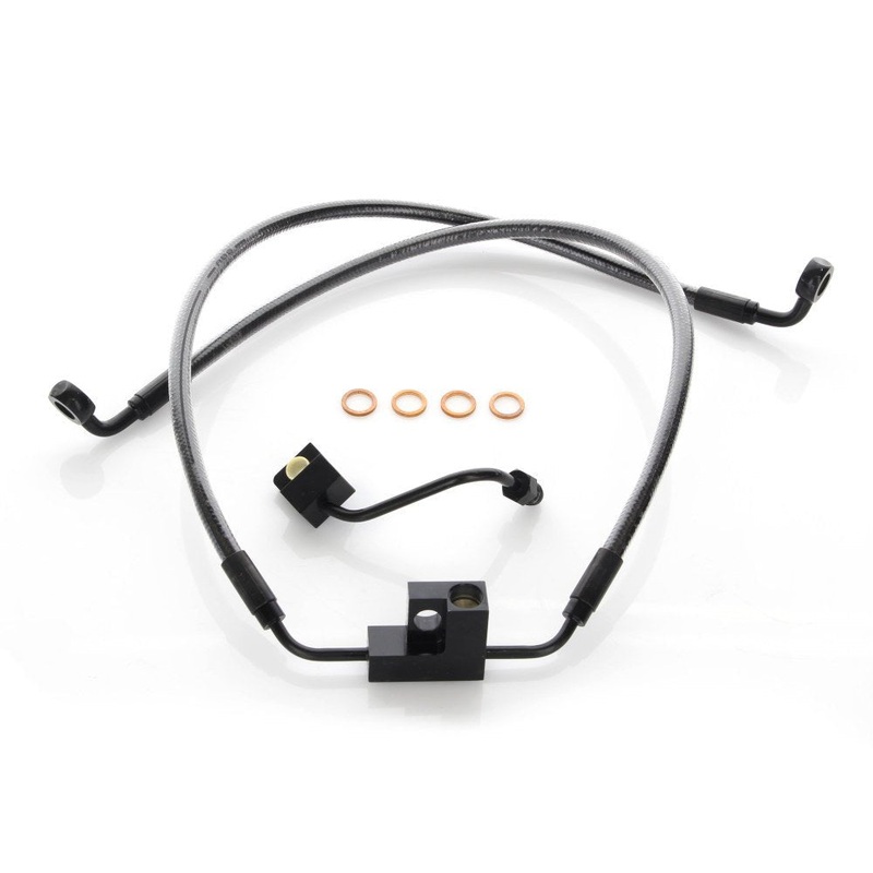 Stock Length Lower Front Brake Line - Black Pearl. Fits Dyna Fat Bob 2012up & Dyna Low Rider 2014up Models with Dual Front Disc Calipers.
