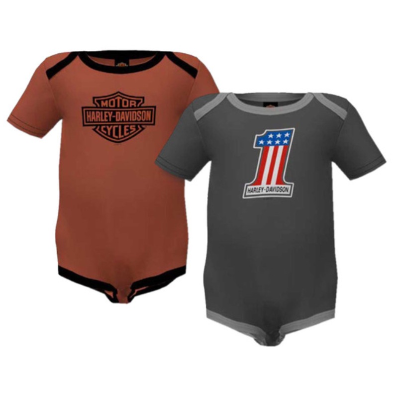 Genuine Harley-Davidson Baby Boys' 2-Pack Colorblocked #1 Rib Creeper Set - Gray/Orange 3059237