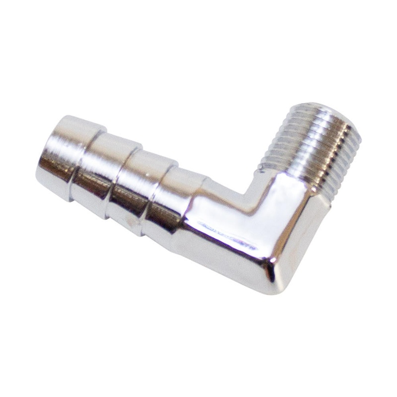 90 Deg  1/8" NPT x 3/8" Hose Barb Fitting - Chrome