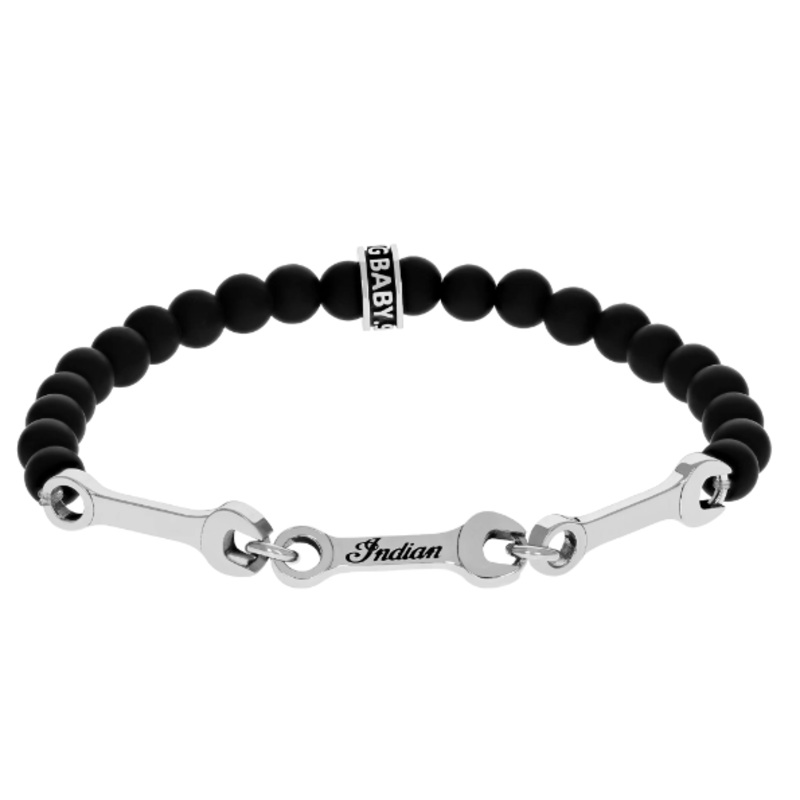 Indian Motorcycle 6mm Onyx Beaded Bracelet w/Triple Small Wrenches