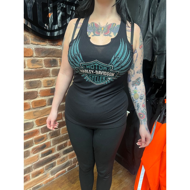 Harley Davidson 'Brushed Wings' Scoop Neck Ladies Sparkle Black HT4851BLK